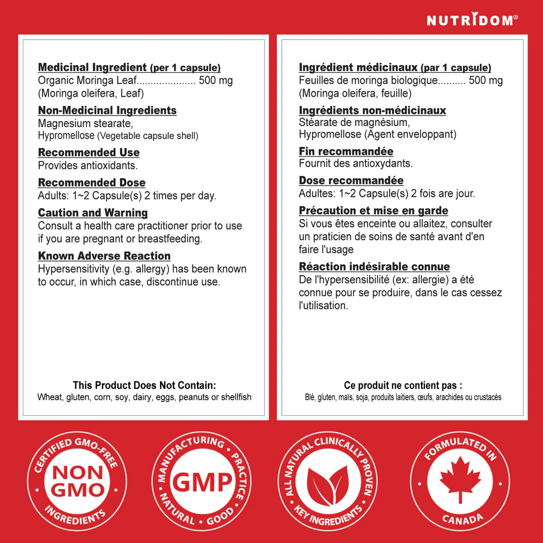 Nutridom Organic Moringa Leaf 500mg 120 Capsules
